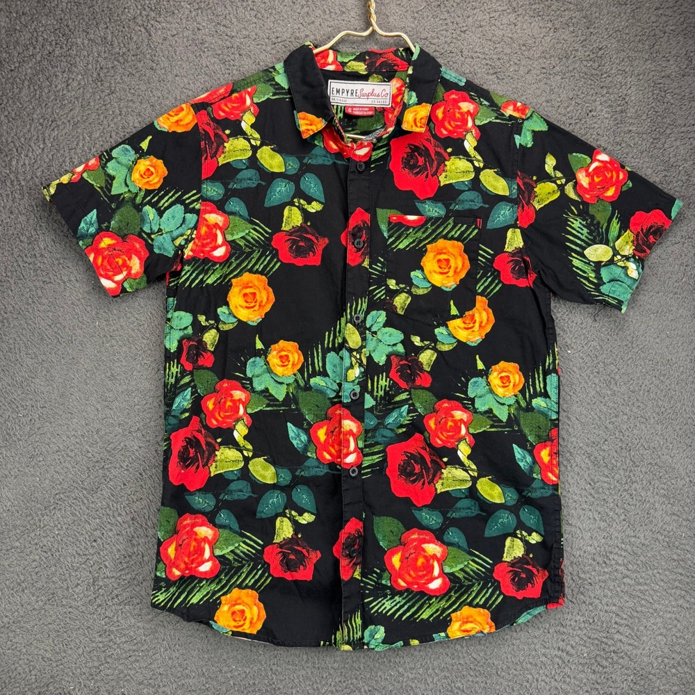 Empyre Surplus Co Mens Small Black Floral Rose Print Short Sleeve Button Up